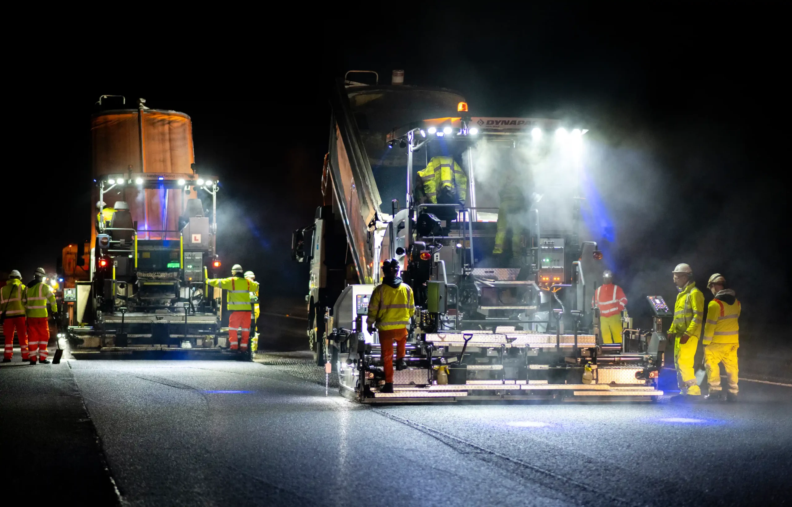 Night-Time Highway Resurfacing Project with Heavy Machinery